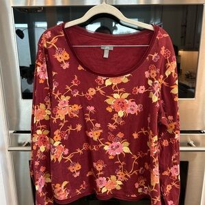 J. Jill Maroon Floral Long Sleeve Tee, XL, has a hole by left shoulder